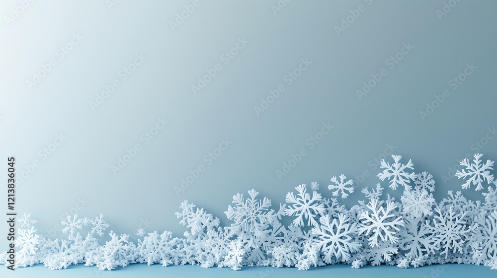 Poster thin, detailed snowflakes placed on a smooth gradient background fading from light blue to white, wi