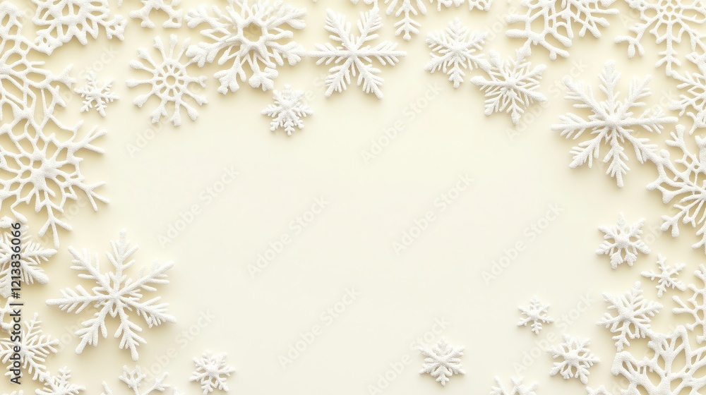 Poster symmetrical glowing snowflakes evenly spaced on a creamy white background, creating a soothing and e