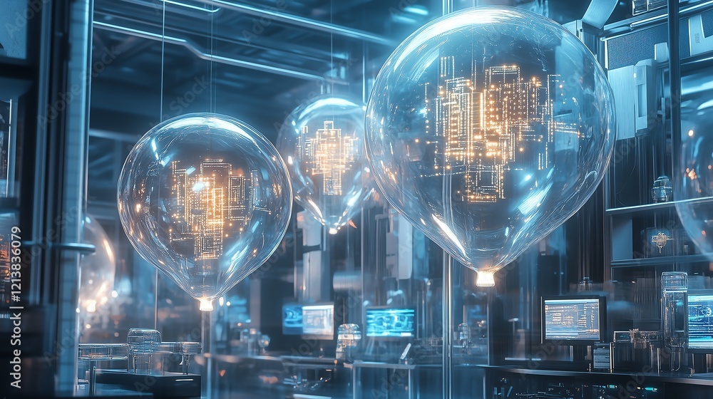 Poster transparent balloons with glowing circuits inside, gently floating above an advanced laboratory fill