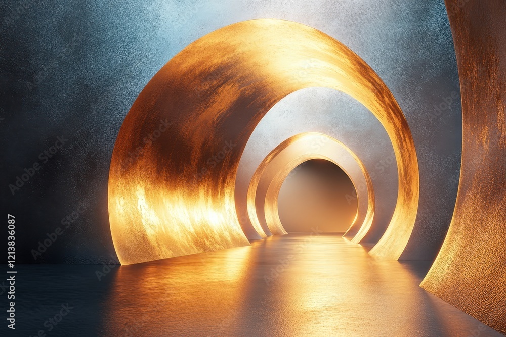 Poster illuminated archways create a captivating pathway to an unknown destination in a surreal space. gene