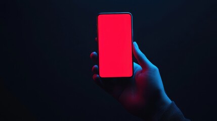 Close up Young man's hand holding mobile phone with empty screen against neon red background,Male hand with smartphone. Blank white screen. Mock-up Red and blue neon light in dark black room.