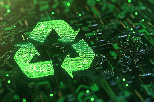 Green digital recycling symbol on circuit board background