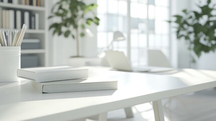 Fototapeta premium Cropped shot of a white table with books and stationery featuring copy space in a blurred study room background