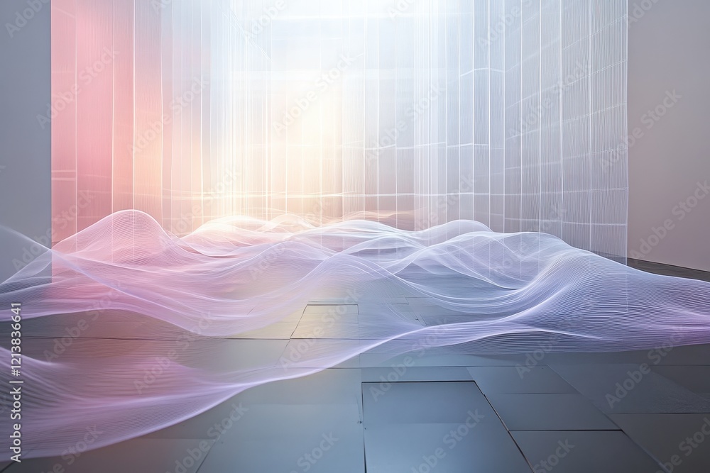 Poster flowing waves of light gently illuminate a modern gallery space with an ethereal ambiance and artist