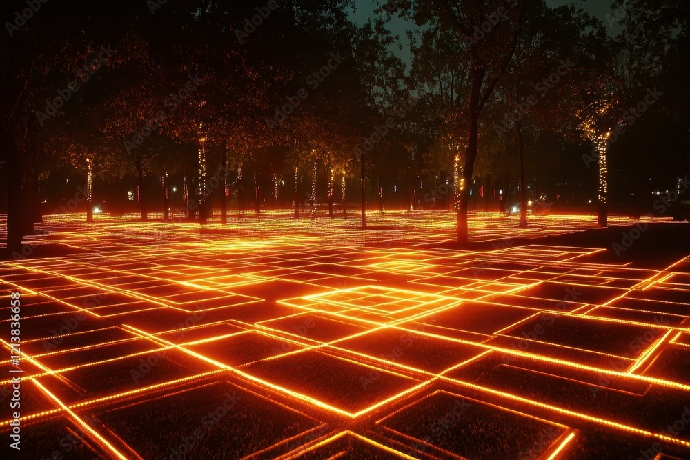 Poster illuminated pathways glow softly beneath trees in a serene park during twilight, creating a magical 