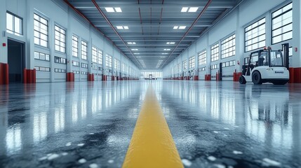 Obraz premium Spacious warehouse with polished floor and forklift ready for operation.