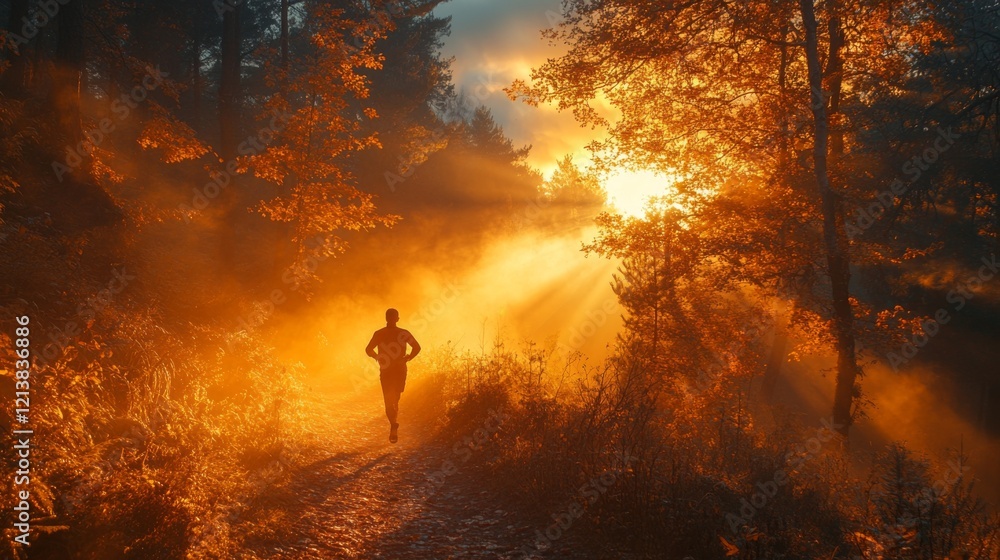 Poster a dedicated runner makes their way through a tranquil forest path. the golden sunlight filters throu