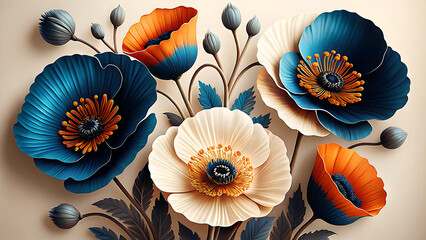 Obraz premium Elegant 3D Poppy Trio Art - Midnight Blue, Burnt Orange, Sky Blue, Ai Image