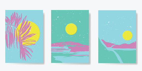 Obraz premium Abstract summer background poster vector. Minimal hand drawn wallpaper design with coconut tree, sun, sea, star fish, scallop. Ocean painting for summer season, wall decoration, interior, background.