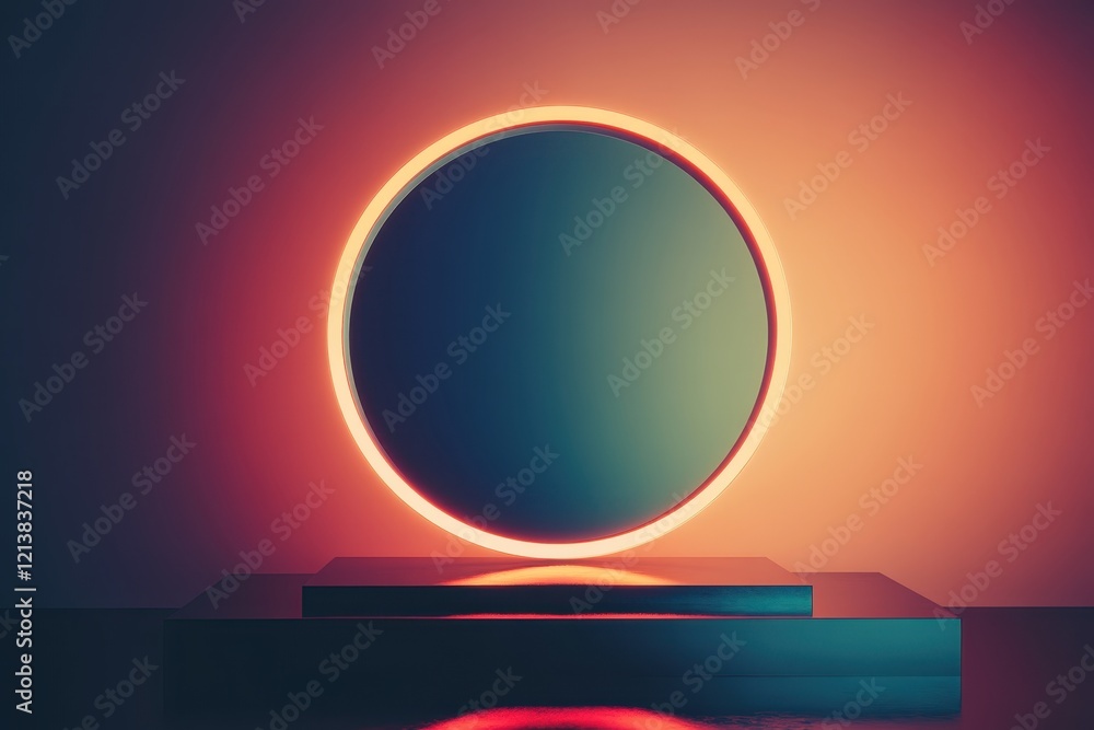 Poster illuminated circular form casts enchanting glow in minimalist setting, evoking calmness and modernit
