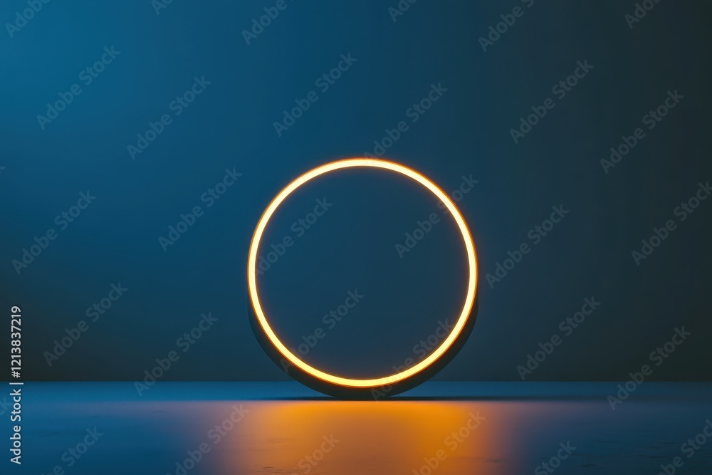 Poster illuminated circular form casts a warm glow against a cool blue backdrop creating a mesmerizing cont
