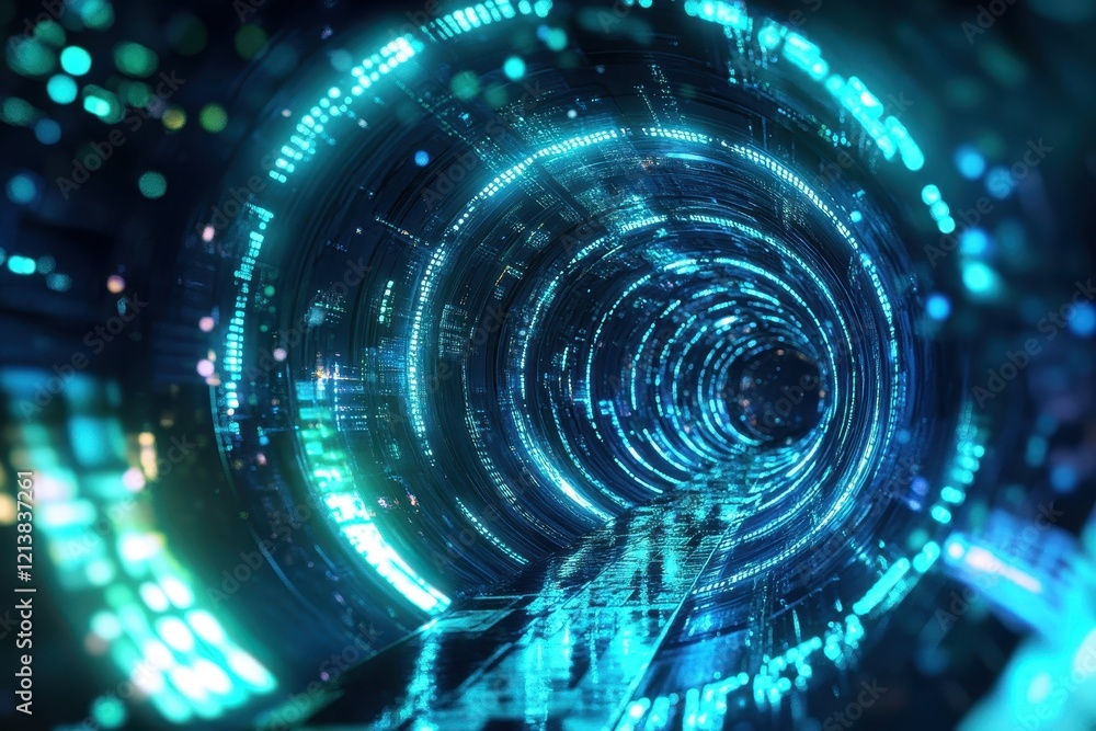 Poster journey through a luminous digital tunnel showcasing vibrant patterns and glowing lights. generative