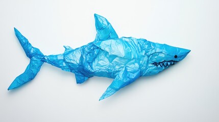 Naklejka premium Crumpled plastic trash in the shape of a shark on a white background, Marine pollution and recycling efforts
