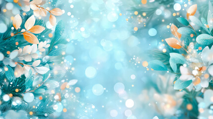 Frosted Leaves Winter Wonderland: Teal, Gold, and White Festive Background