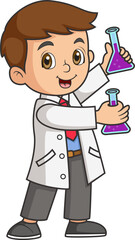 little scientist cartoon using chemistry flask doing science experiments