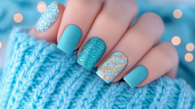 Elegant Blue Nail Art Manicure on Soft Knitted Fabric