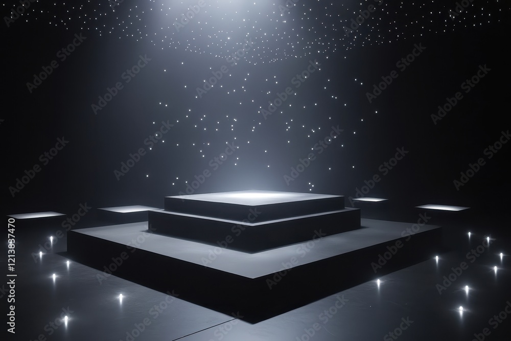 Poster mysterious illuminated stage with glowing elements in an artful dark space. generative ai