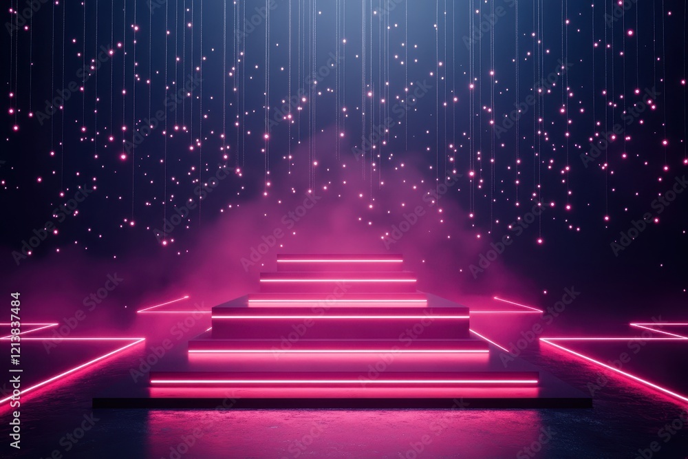 Poster vibrant neon lights create a dreamlike pathway surrounded by shimmering stars in an artistic display