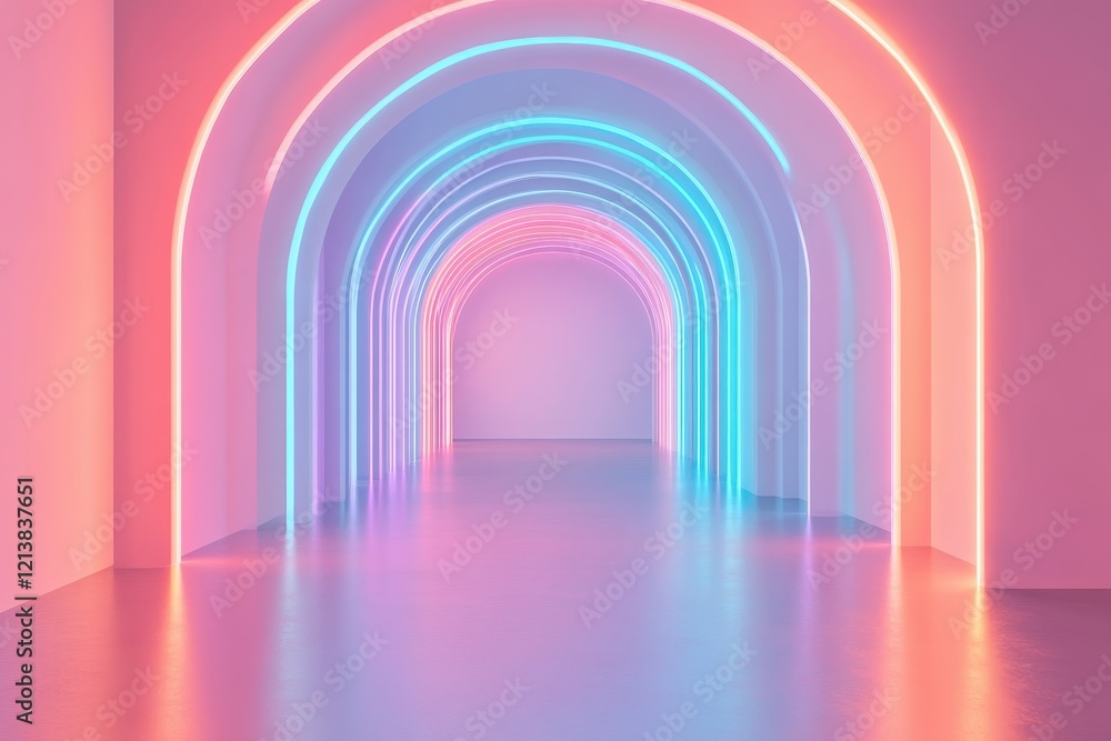 Poster vibrant neon arches create an enchanting passage in a modern art space filled with color and light a