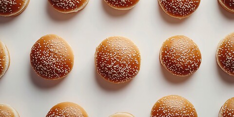 Burger bun pattern on white background with sesame seeds in a grid arrangement food flat lay