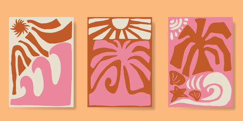 Abstract summer background poster vector. Minimal hand drawn wallpaper design with coconut tree, sun, sea, starfish, scallop. Ocean painting for summer season, wall decoration, interior, background. © babeer