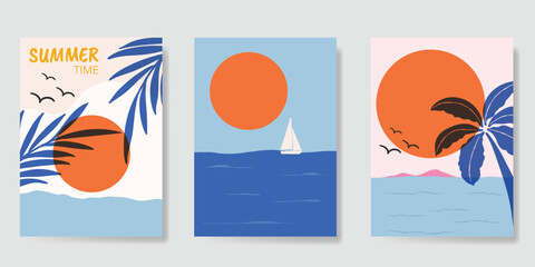 Abstract summer background poster vector. Minimal hand drawn wallpaper design with coconut tree, sun, sea, bird, sailboat. Ocean painting for summer season, wall decoration, interior, background. © babeer