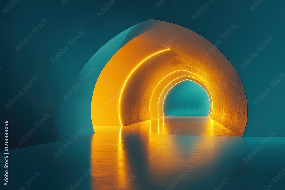 Poster illuminated arches create a mesmerizing pathway in an abstract architectural wonder. generative ai