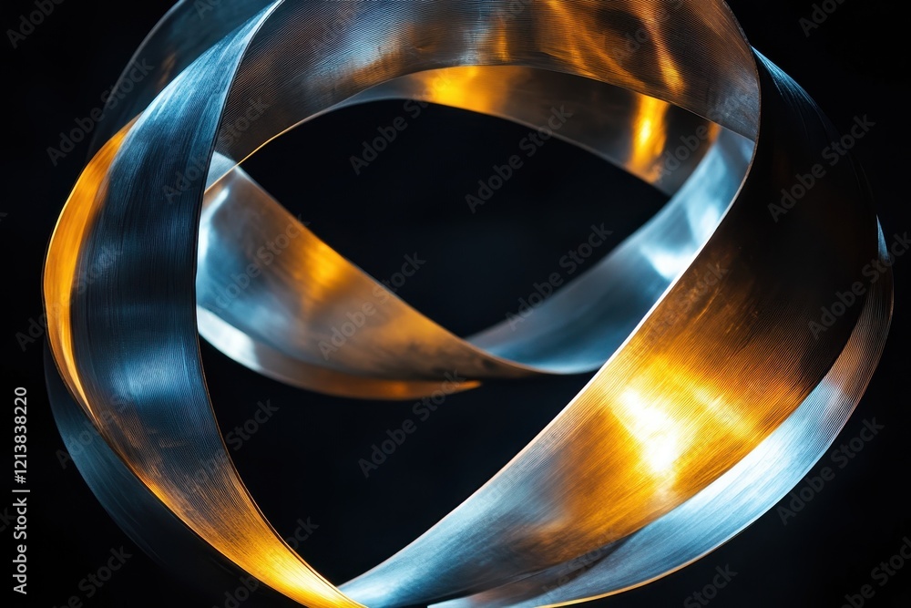 Poster twisted metal ribbons glowing with golden hues create an enchanting display in a darkened space. gen