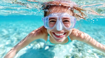 Naklejka premium Underwater snorkeling girl smiles, ocean background, summer fun, travel photo