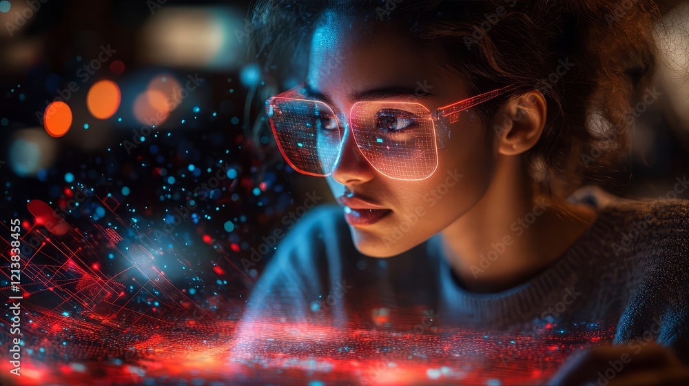 Aufkleber young woman using technology to interact with digital data in an immersive environment.