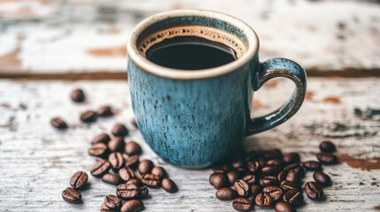 Cup of coffee with coffee beans on white table