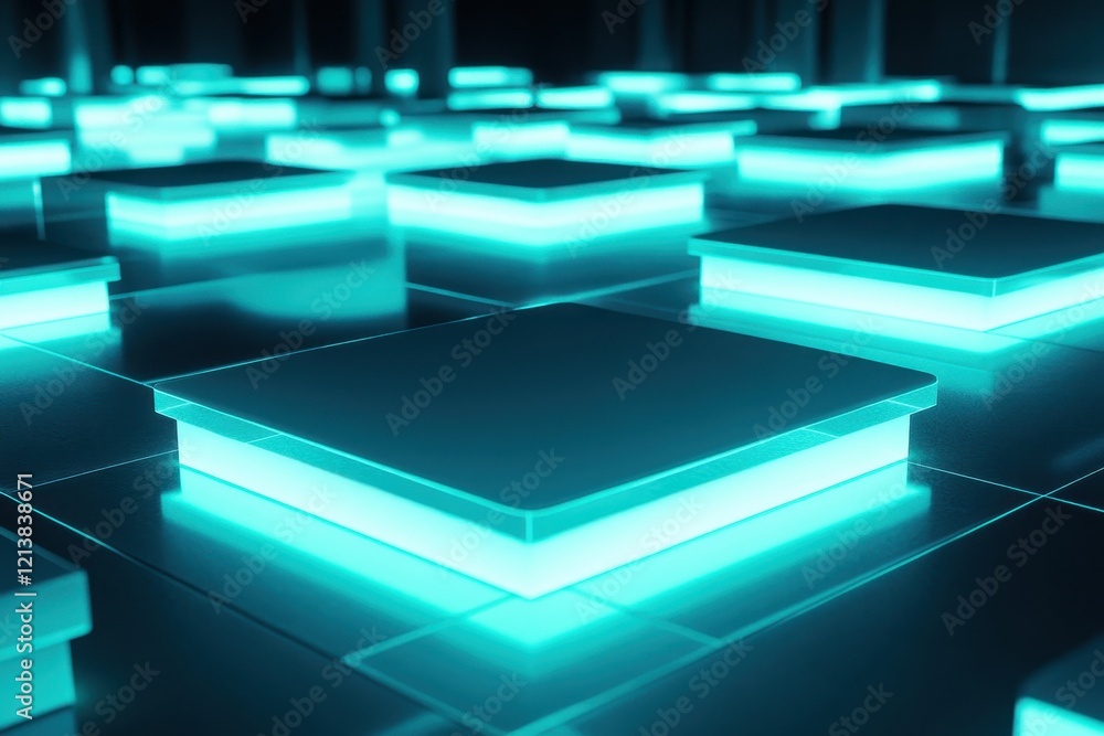 Aufkleber glowing turquoise squares create an ethereal digital landscape at twilight in a high-tech environmen