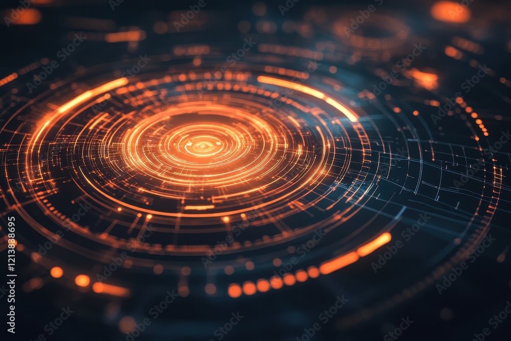 Poster circular patterns with glowing orange lights in a futuristic digital landscape at twilight. generati
