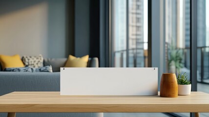 Blank banner on a tabletop, ready for customization and creative displays in a modern setting.