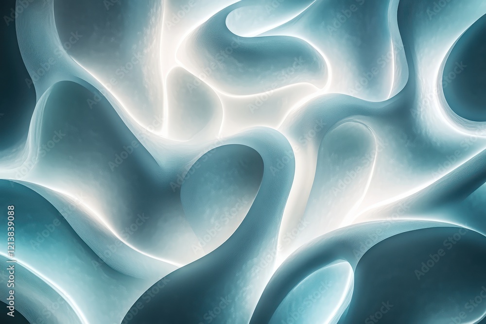 Poster fluid patterns of light and shadow create a mesmerizing abstract composition in shades of blue and w