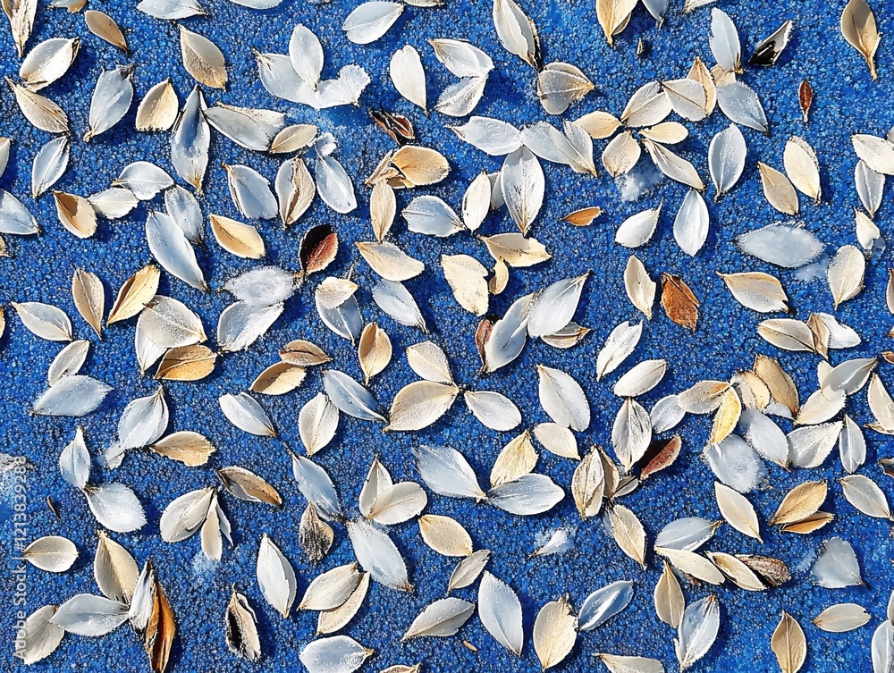 Poster scattered leaves on blue surface creating an abstract pattern with natural light and shadow