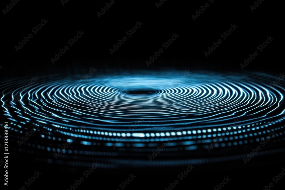 Poster intricate patterns of blue ripples form mesmerizing circles in a dark space, evoking tranquility and