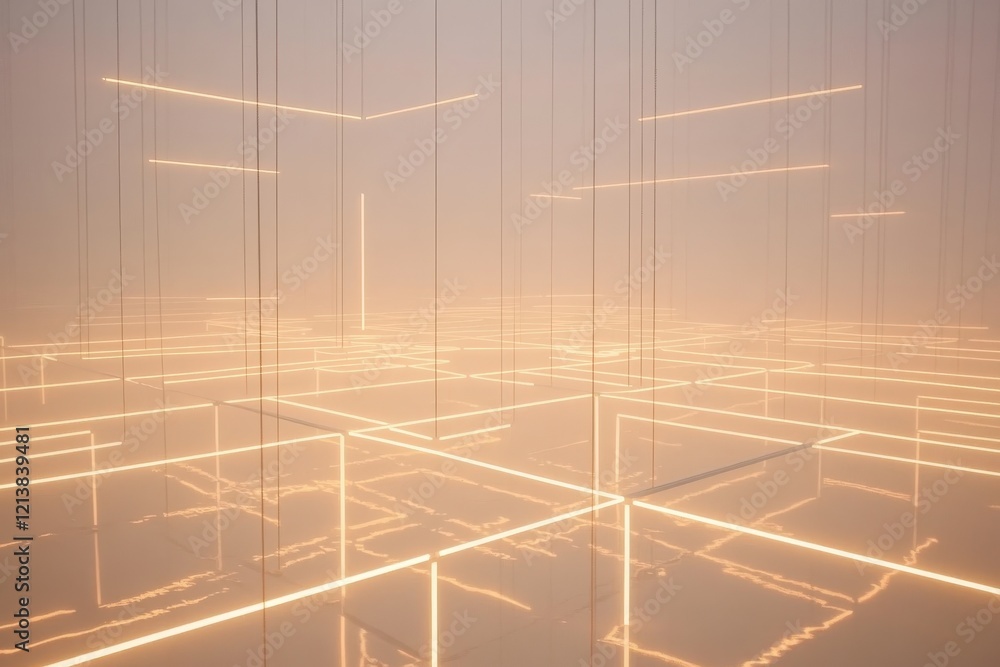 Poster illuminated lines create a dreamlike atmosphere in a misty futuristic space during a creative art in