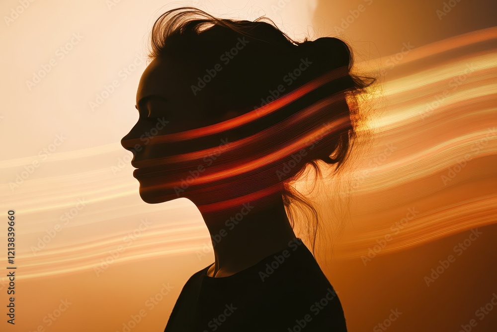 Aufkleber silhouette of a woman illuminated by warm lights creating an artistic wave effect during an evening 