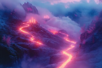 Majestic lava river flows through mystical mountains under a twilight sky adorned with vibrant colors and ethereal clouds. Generative AI