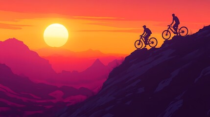 Fototapeta premium Sunset Mountain Biking Adventure: Silhouette of Cyclist on Clifftop at Golden Hour