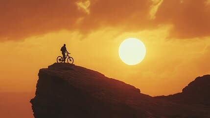 Sunset Mountain Biking Adventure: Silhouette of Cyclist on Clifftop at Golden Hour