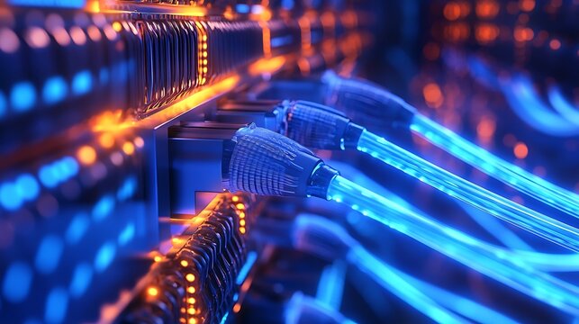 Glowing energy core with glowing blue cables extending from it into the tech space