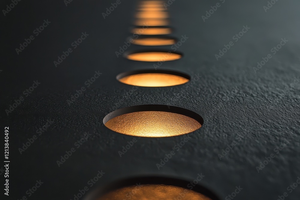 Poster soft ambient light glows from circular cutouts in a textured dark surface, creating a captivating vi