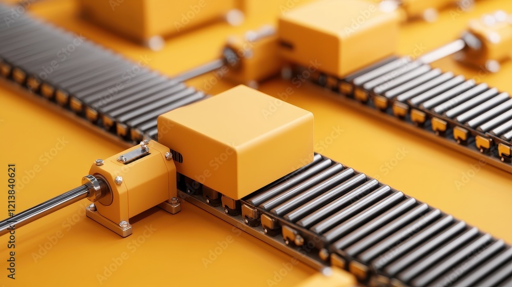 Poster a close-up view of yellow and metallic mechanical components, featuring sliders and tracks, emphasiz