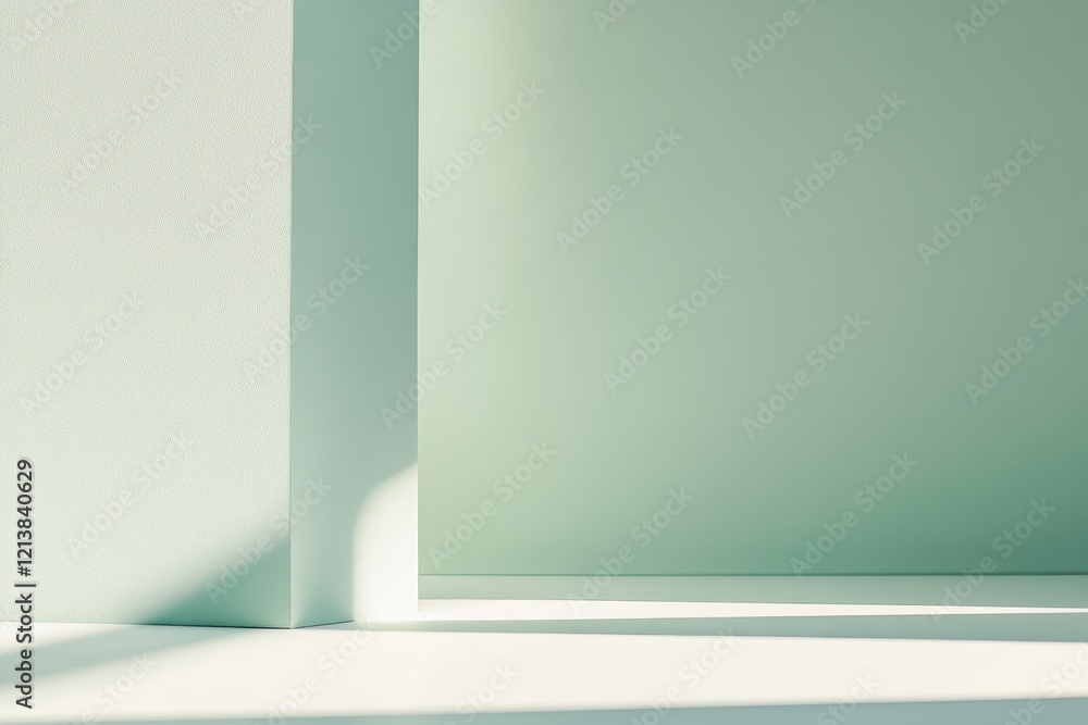 Poster soft light dances on mint green walls creating an inviting atmosphere in a serene indoor space. gene