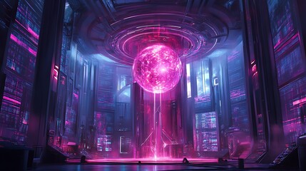 Glowing energy core in a high-tech environment with an array of blinking digital displays
