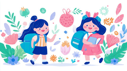 Joyful Schoolgirls Walking Amidst Blooming Flowers