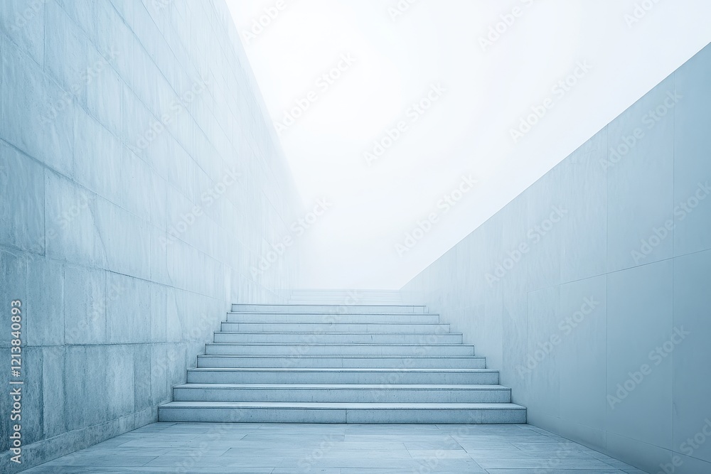 Poster ethereal steps ascend into a misty brightness, inviting exploration and contemplation in tranquil ar