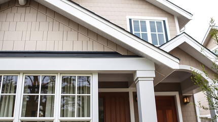 Modern House Exterior: Beige Siding, White Trim, and a Classic Design. The image showcases the architectural details of a modern house, including its siding, windows, and roofline.